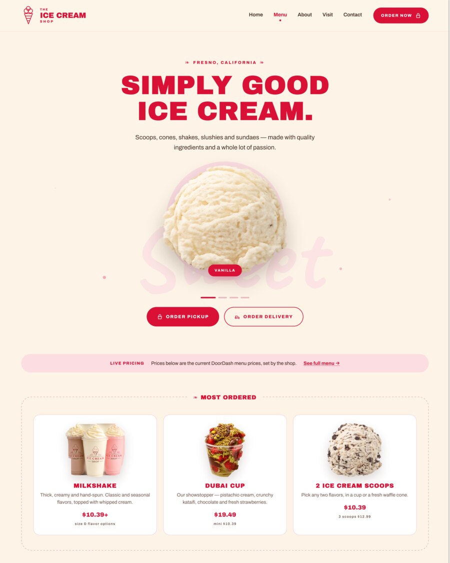 Ice cream shop menu page